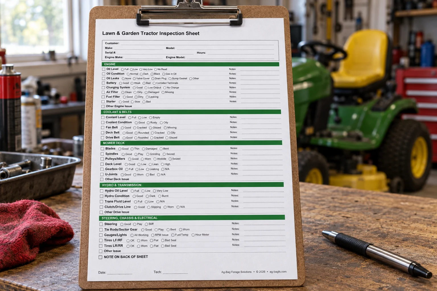 Illustration of AG-BAG’s paper lawn and garden tractor inspection checklist on a clipboard beside a mower