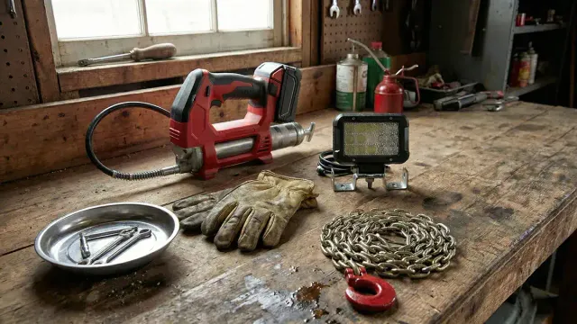 Grease gun, work light, choker chain, gloves and parts tray on a workbench