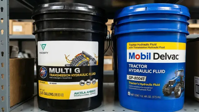 Two buckets of universal tractor fluid on a shelf