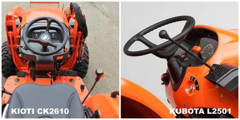 Side-by-side comparison of loader controls on Kioti CK2610 and Kubota L2501